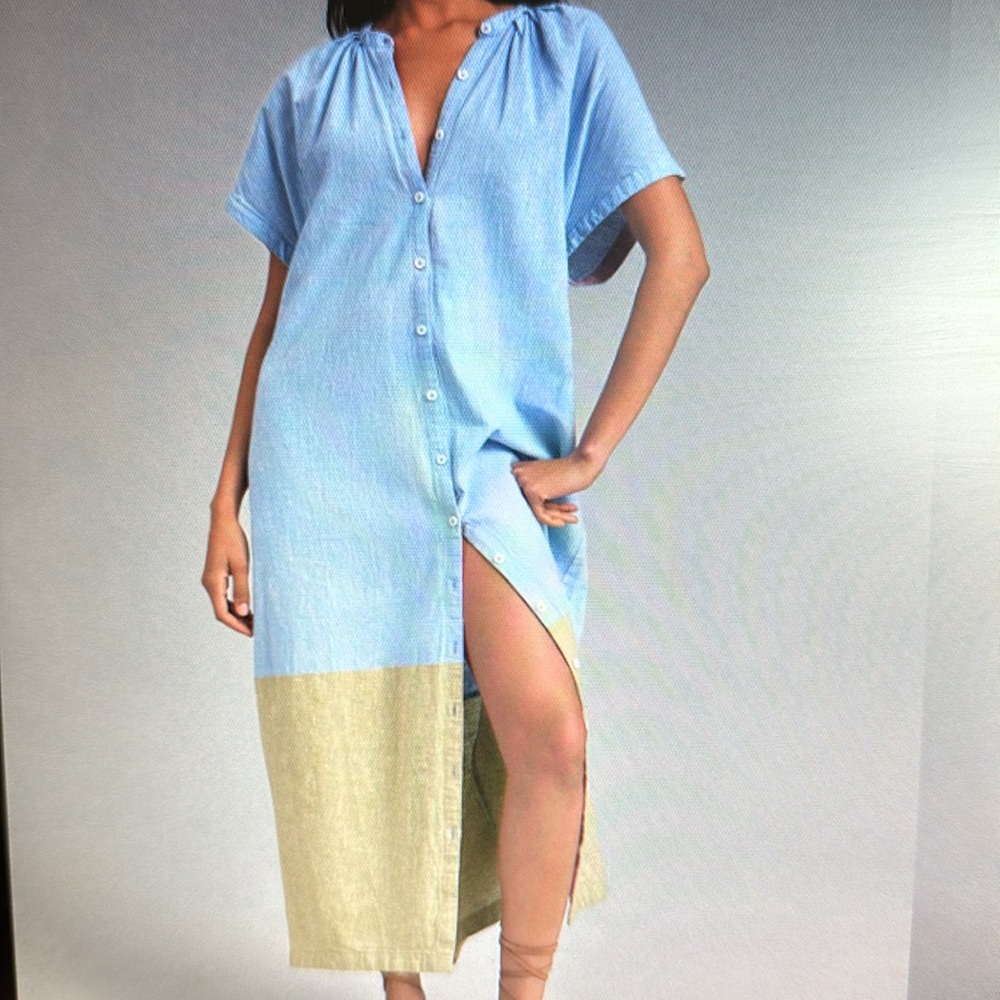 Anthropologie Linen/Cotton Maxi Shirt Dress with Contrast Hem